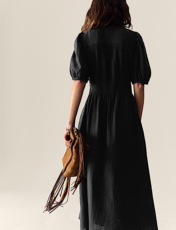 Pure Cotton V-Neck Button Through Midi Waisted Dress