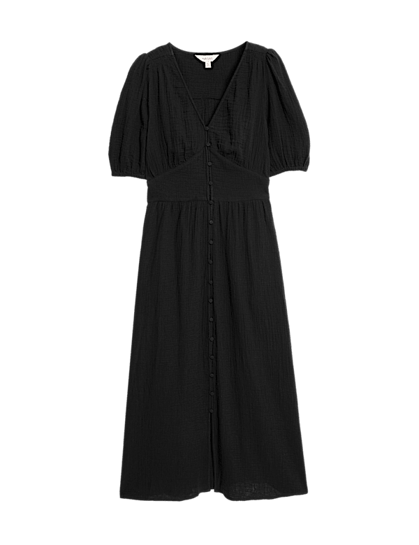 Pure Cotton V-Neck Button Through Midi Waisted Dress