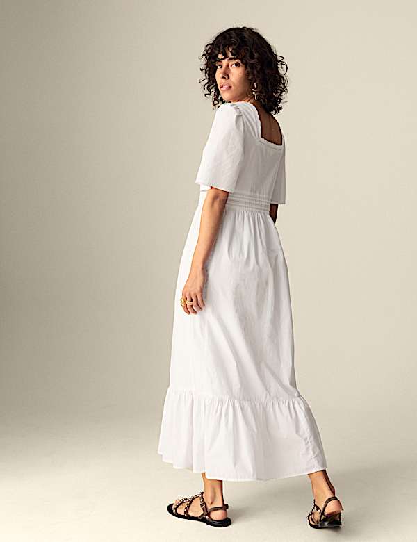 Gaun Tumpuk Midaxi Detail Renda Leher Persegi Katun Murni - ID