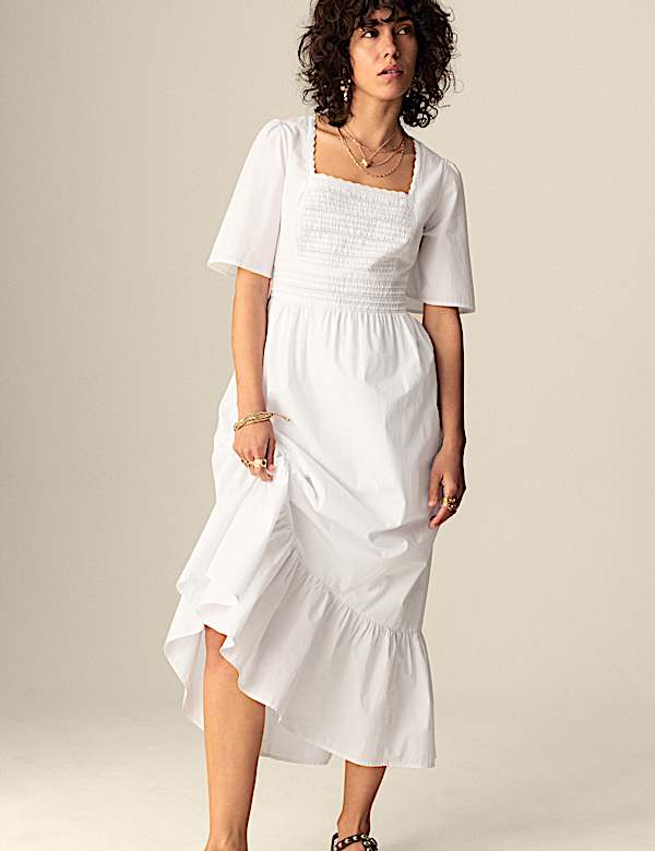 Gaun Tumpuk Midaxi Detail Renda Leher Persegi Katun Murni - ID