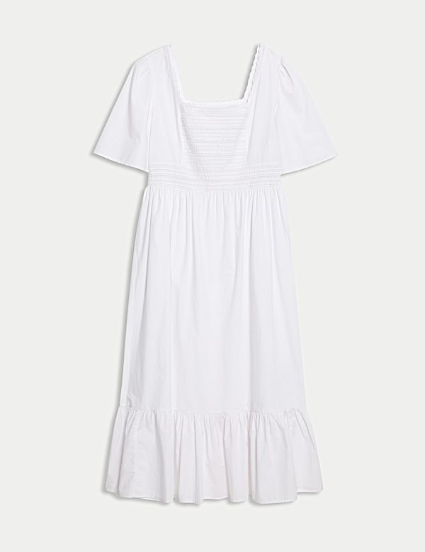 Gaun Tumpuk Midaxi Detail Renda Leher Persegi Katun Murni - ID