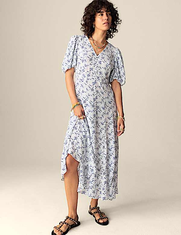 Printed V-Neck Midi Tea Dress - KR
