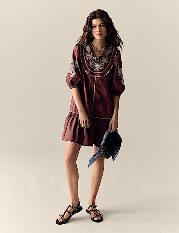 Pure Cotton Embroidered Tie Neck Puff Sleeve Mini Tiered Dress - HR
