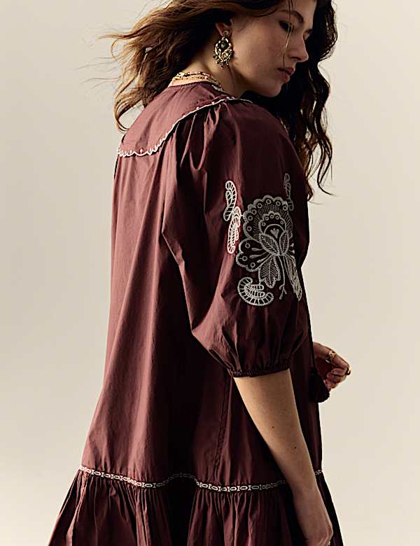 Pure Cotton Embroidered Tie Neck Puff Sleeve Mini Tiered Dress