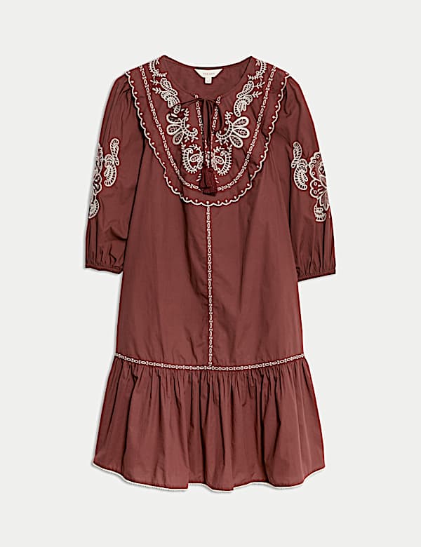 Pure Cotton Embroidered Tie Neck Puff Sleeve Mini Tiered Dress - JE