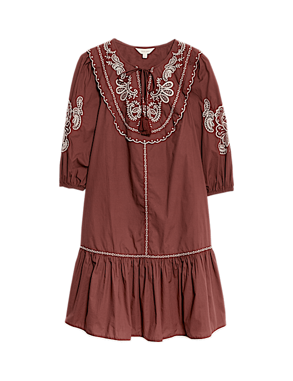 Pure Cotton Embroidered Tie Neck Puff Sleeve Mini Tiered Dress