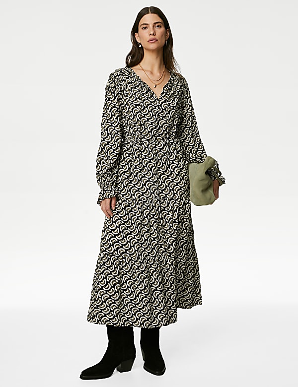 Printed Shirred Midi Tiered Dress