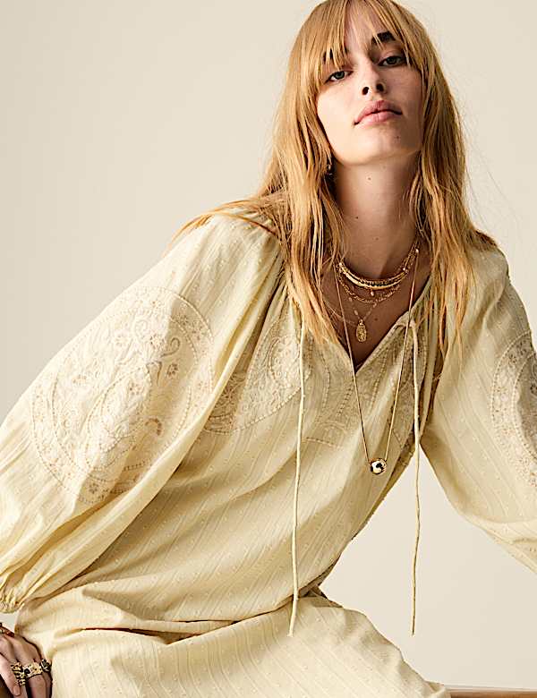 Pure Cotton Embroidered Tie Neck Midi Dress - TW