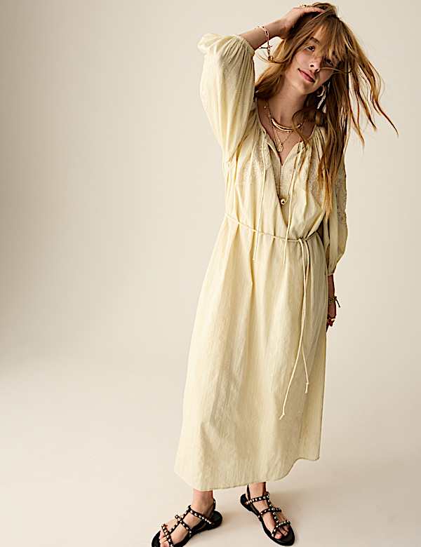Pure Cotton Embroidered Tie Neck Midi Dress - IL