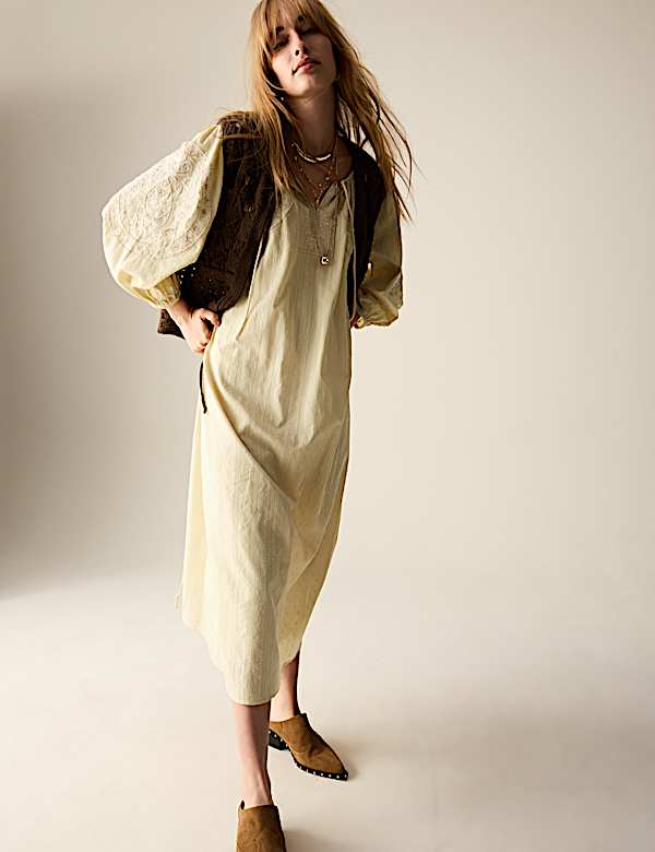 Pure Cotton Embroidered Tie Neck Midi Dress - IL