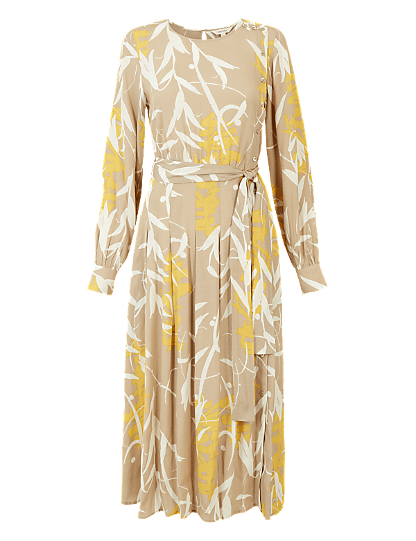 Leaf Print Waisted Midi Dress
