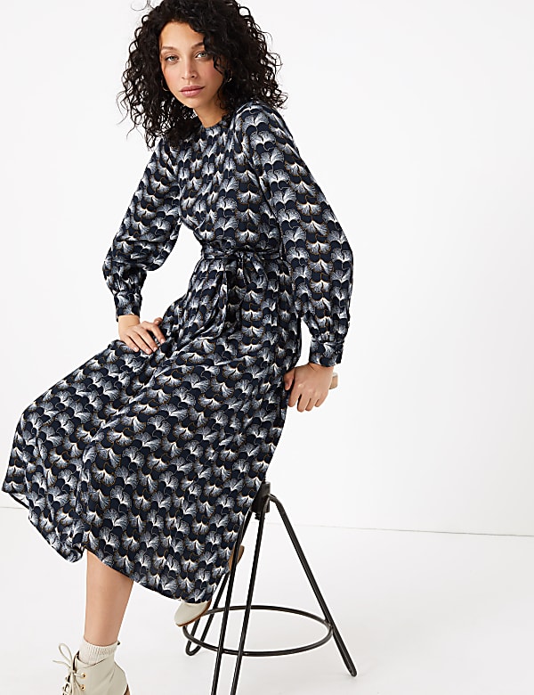 Printed Tie Waist Midi Dress