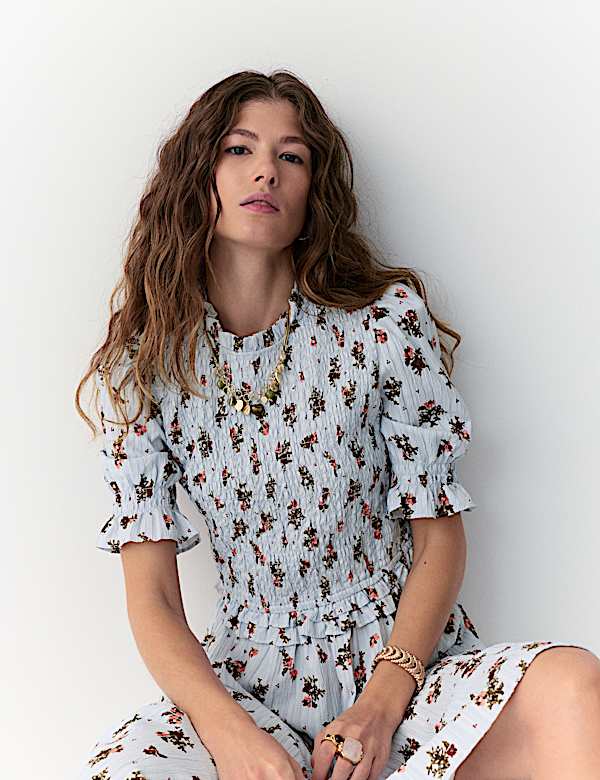 Floral Crew Neck Midi Dress - CA