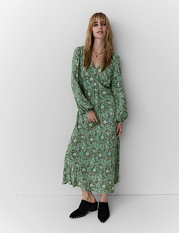 Robe midi imprimée nouée sur le devant à col en V - LU