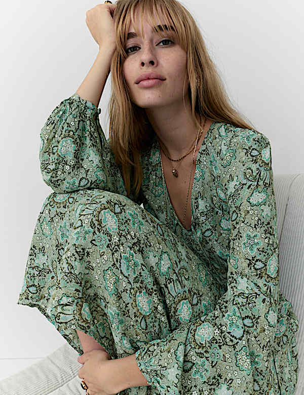 Robe midi imprimée nouée sur le devant à col en V - LU