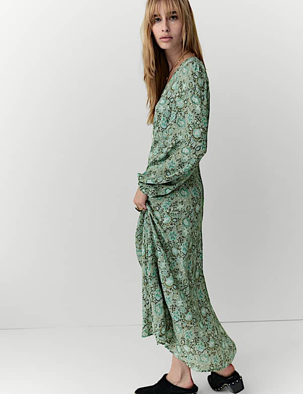 Robe midi imprimée nouée sur le devant à col en V - LU