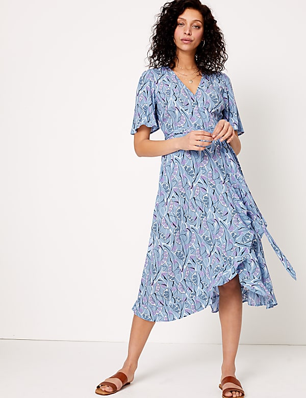 Crepe V-Neck Midi Wrap Dress