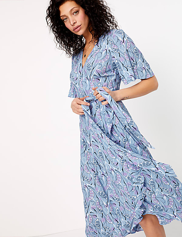 Crepe V-Neck Midi Wrap Dress