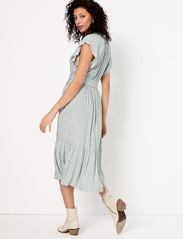 Crepe Printed Frill Detail Midi Dress