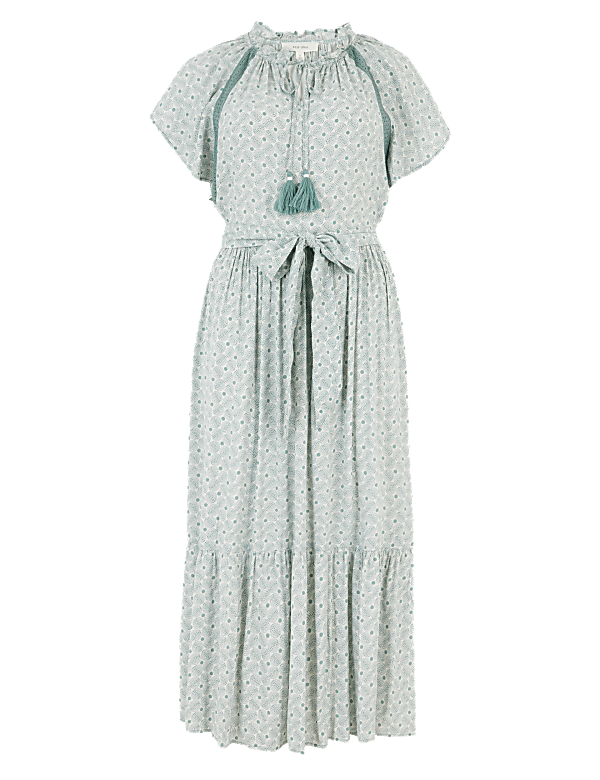 Crepe Printed Frill Detail Midi Dress