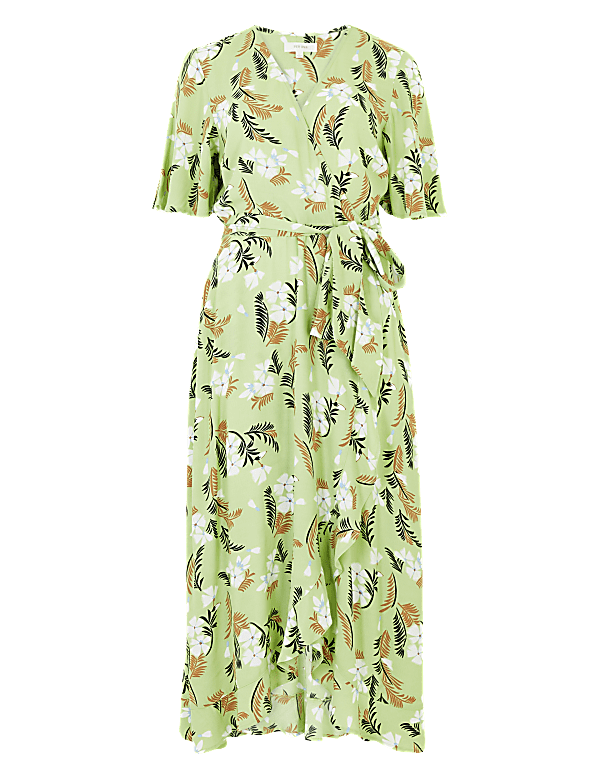 Fern Print V-Neck Midi Wrap Dress