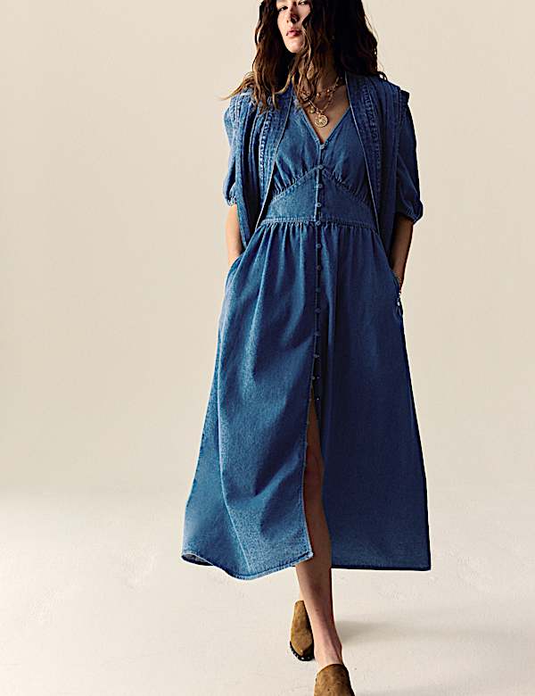 Denim V-Neck Button Through Midi Waisted Dress - VN