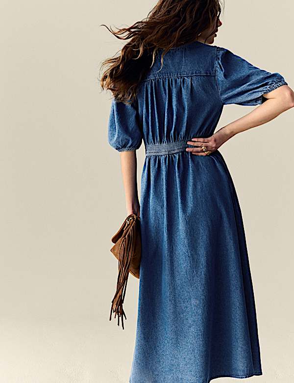 Denim V-Neck Button Through Midi Waisted Dress - VN