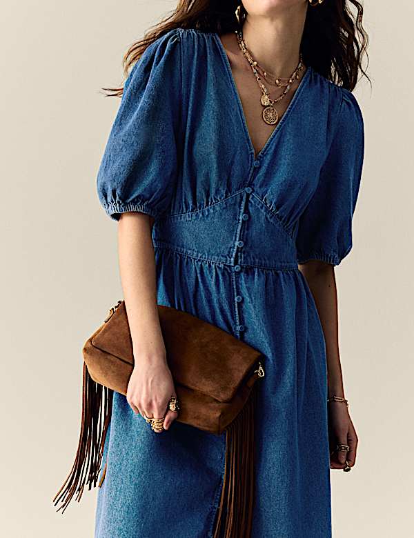 Denim V-Neck Button Through Midi Waisted Dress - VN