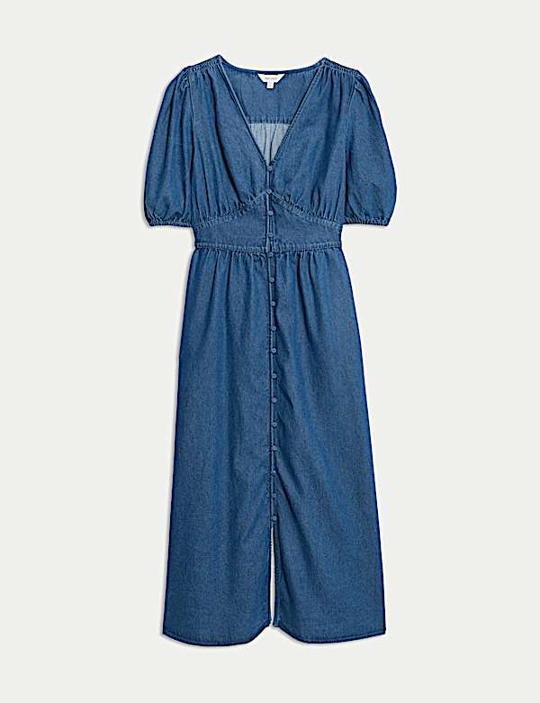 Denim V-Neck Button Through Midi Waisted Dress - VN