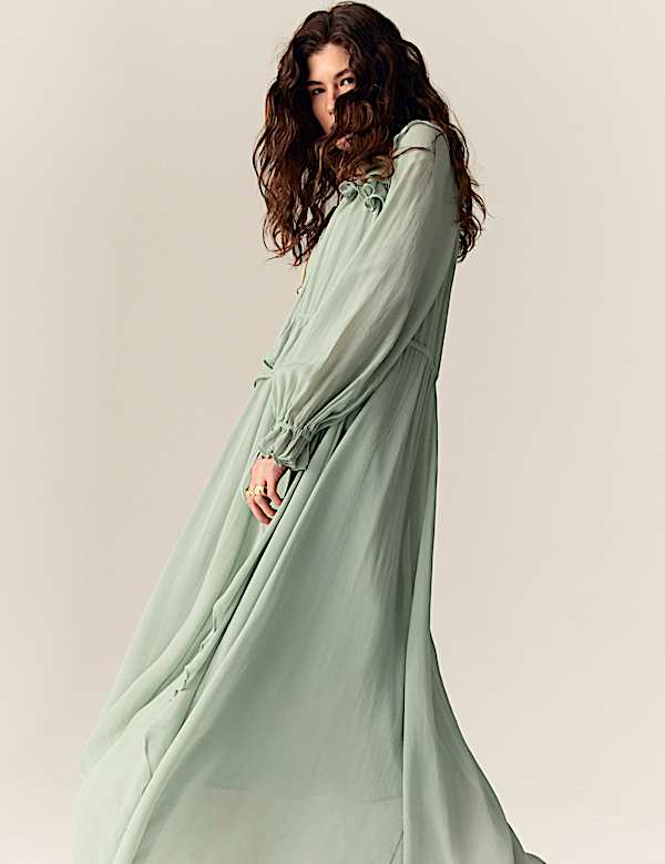Tie Neck Ruffle Maxi Waisted Dress - RO