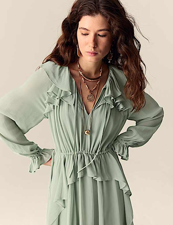 Tie Neck Ruffle Maxi Waisted Dress - JP