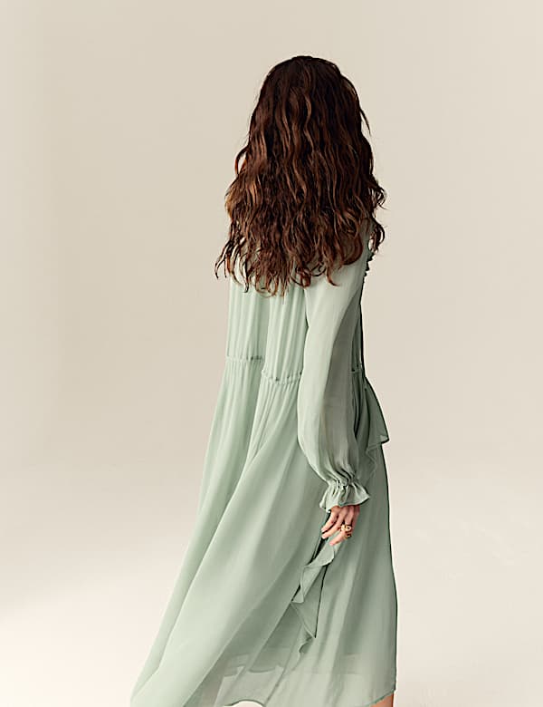 Tie Neck Ruffle Maxi Waisted Dress - JP