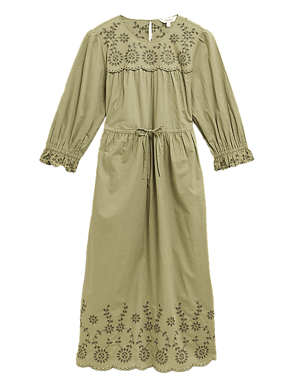 Pure Cotton Embroidered Midi Waisted Dress