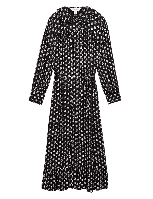 Leaf Print Collared Midaxi Shirt Dress