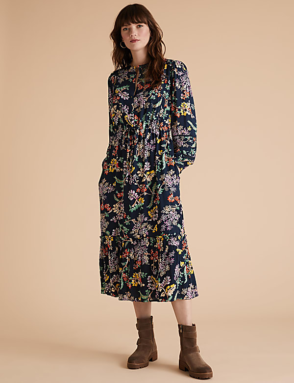 Floral High Neck Pintuck Midaxi Smock Dress