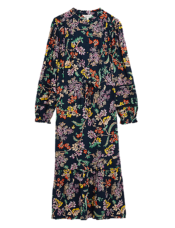 Floral High Neck Pintuck Midaxi Smock Dress