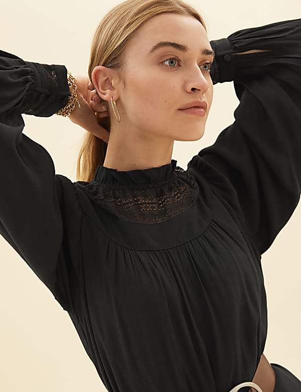High Neck Lace Insert Midaxi Relaxed Dress