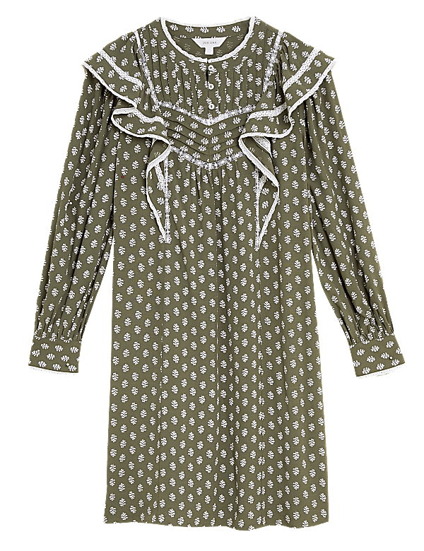 Leaf Print Pintuck Knee Length Shift Dress