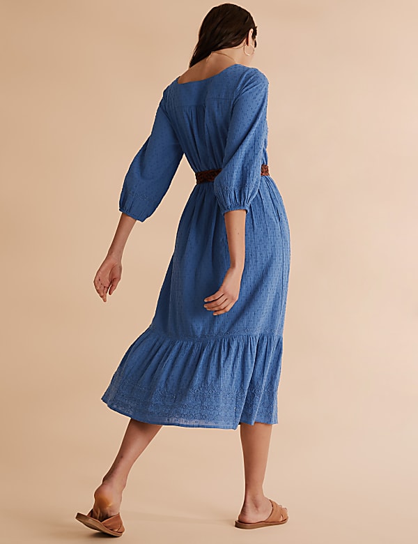 Pure Cotton Embroidered Midi Waisted Dress