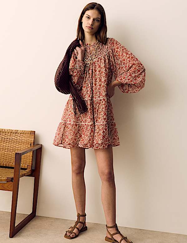 Printed Ladder Lace Insert Mini Smock Dress