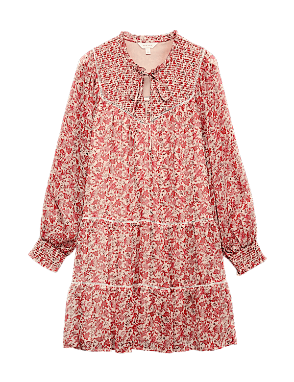 Printed Ladder Lace Insert Mini Smock Dress