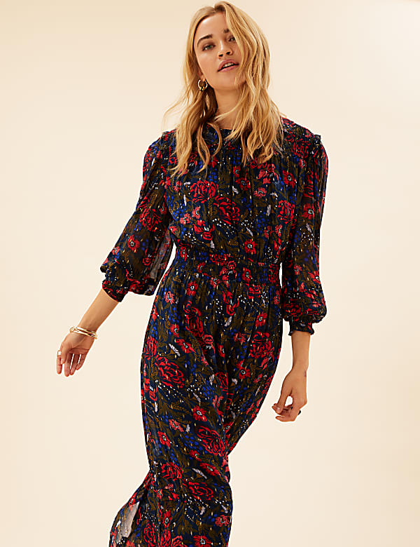 Floral Metallic Detail Midaxi Waisted Dress