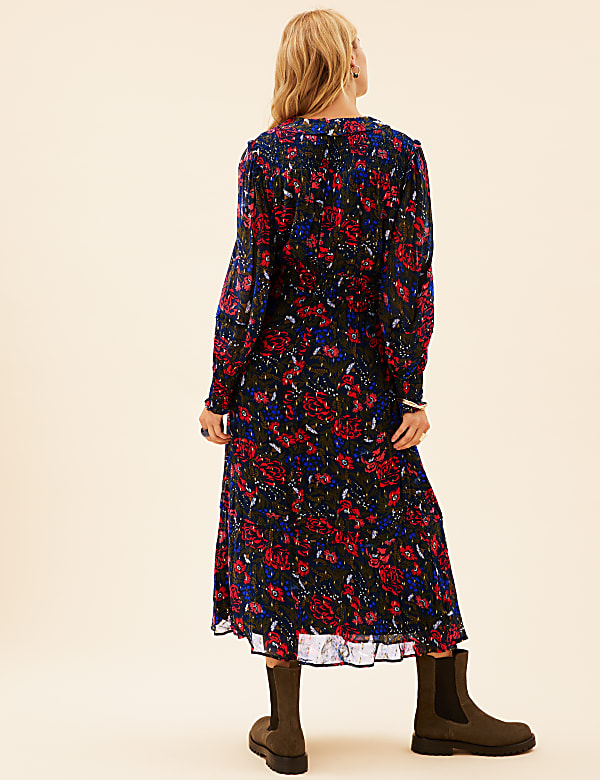 Floral Metallic Detail Midaxi Waisted Dress