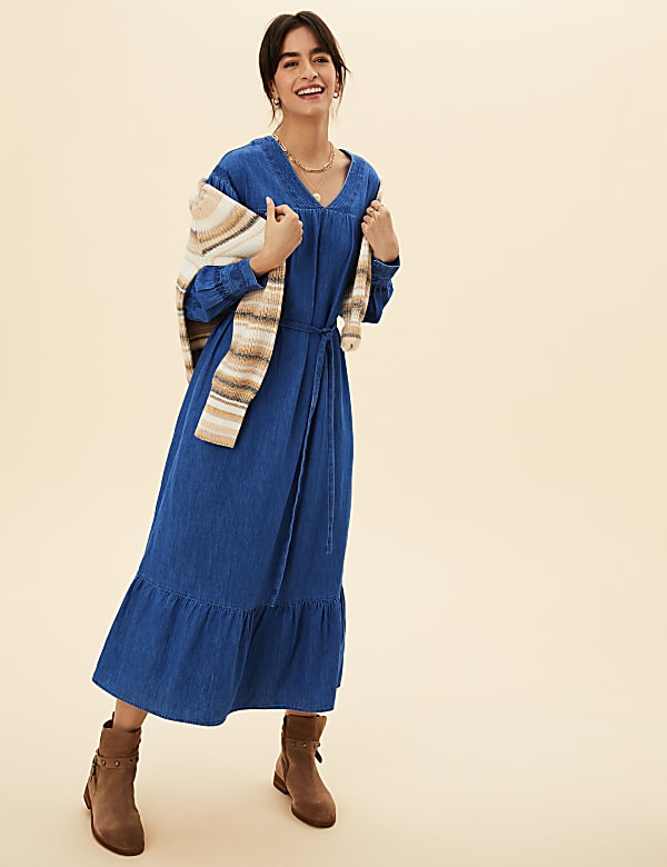 Denim Embroidered Midaxi Column Dress