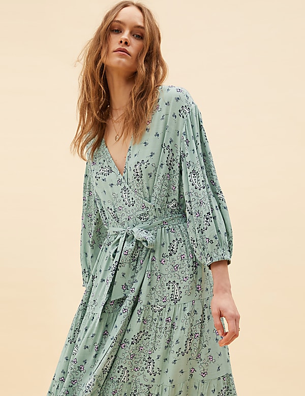 Paisley Floral V-Neck Midi Wrap Dress