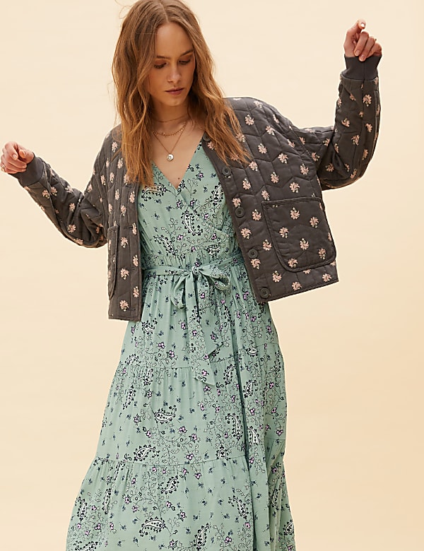 Paisley Floral V-Neck Midi Wrap Dress