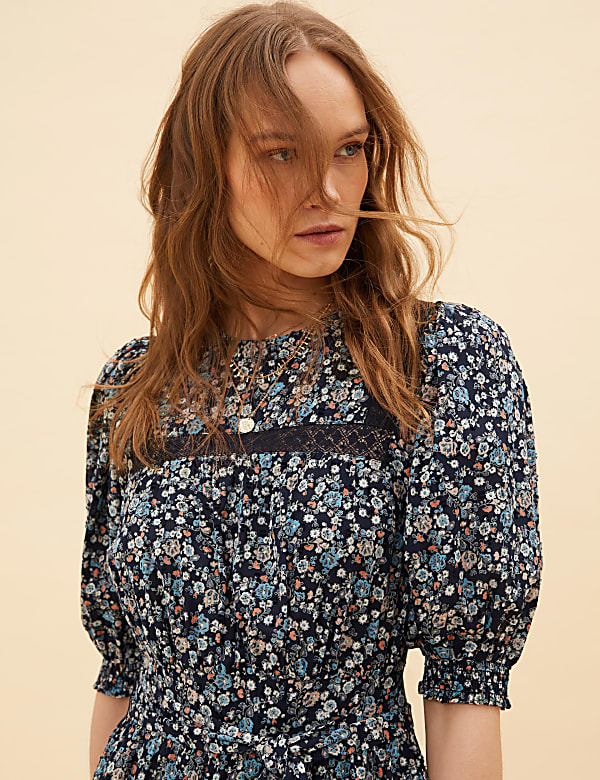 Pure Cotton Floral Midaxi Smock Dress