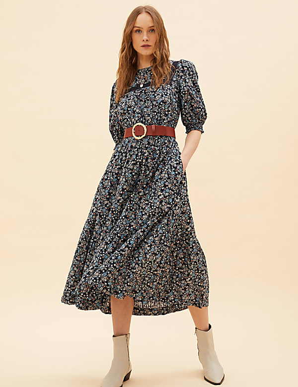 Pure Cotton Floral Midaxi Smock Dress