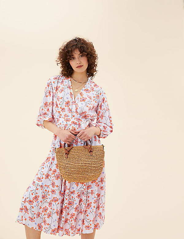 Floral V-Neck Midi Wrap Dress