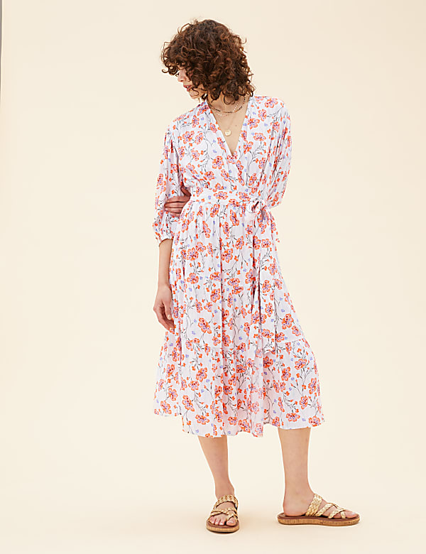 Floral V-Neck Midi Wrap Dress